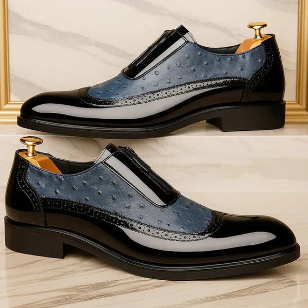 Men's Ostrich Print Oxford Shoes – Front Zip Wingtip Brogue Two Tone Dress Shoes