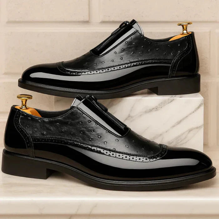 Men's Ostrich Print Oxford Shoes – Front Zip Wingtip Brogue Two Tone Dress Shoes