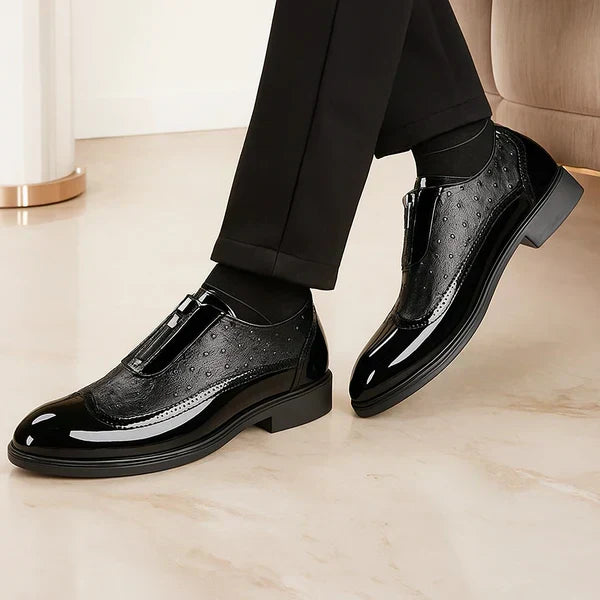 Men's Ostrich Print Oxford Shoes – Front Zip Wingtip Brogue Two Tone Dress Shoes