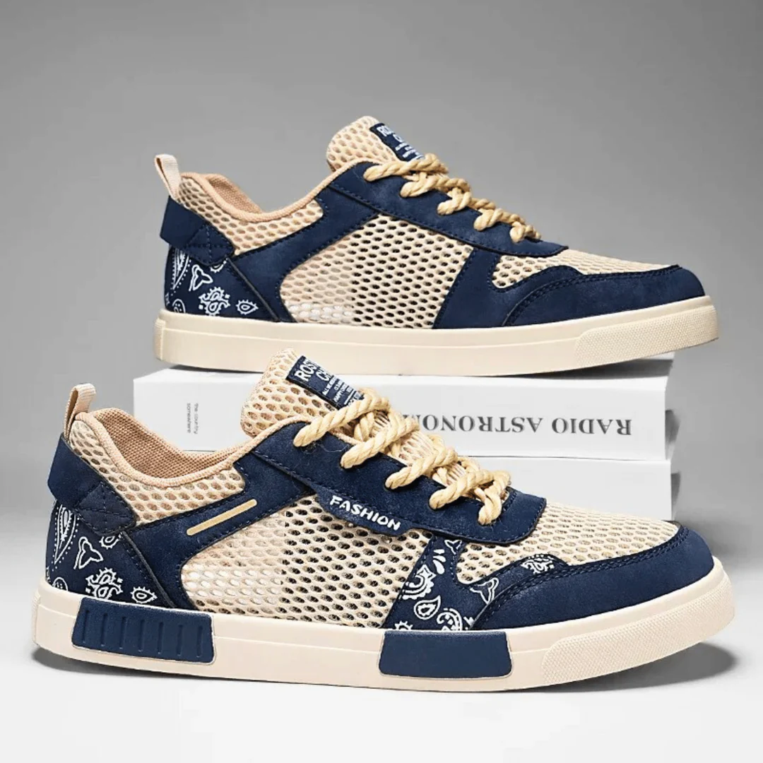 Men's Paisley Print Low Top Sneakers – Mesh Panel Lace Up Casual Skate Shoes