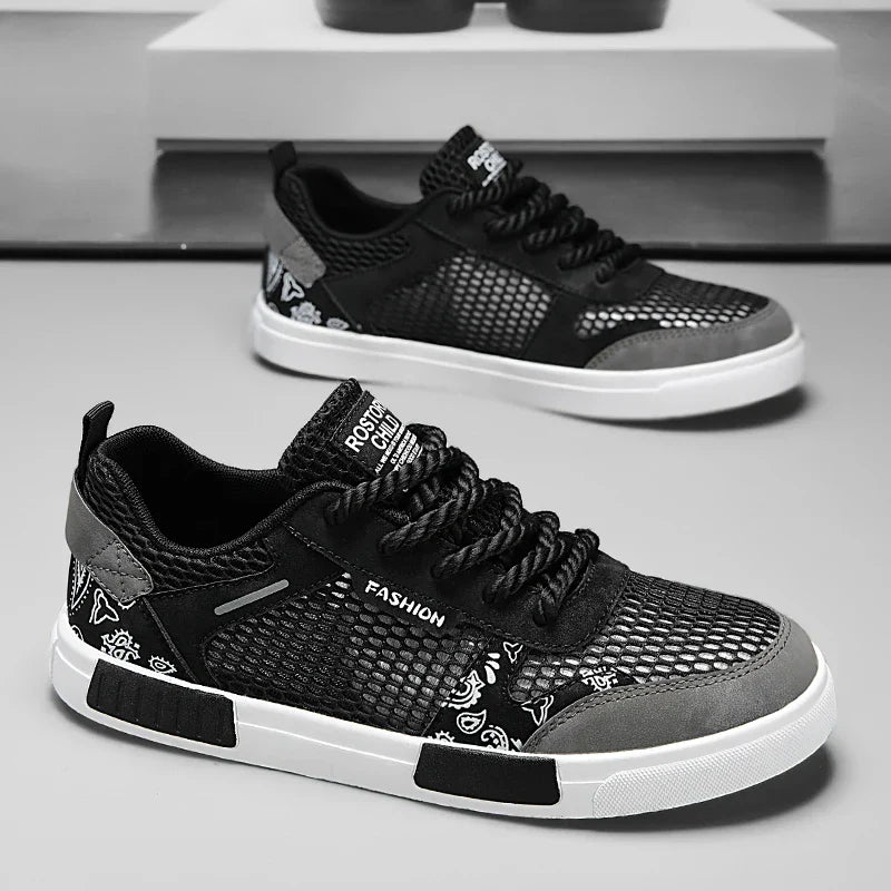 Men's Paisley Print Low Top Sneakers – Mesh Panel Lace Up Casual Skate Shoes