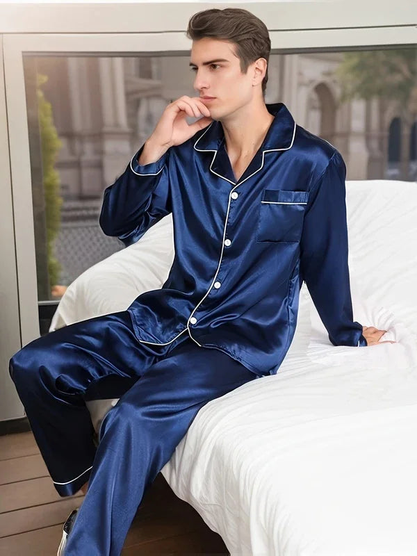 Men's Pajama Set – Notch Collar Button Front Contrast Piping Nightwear