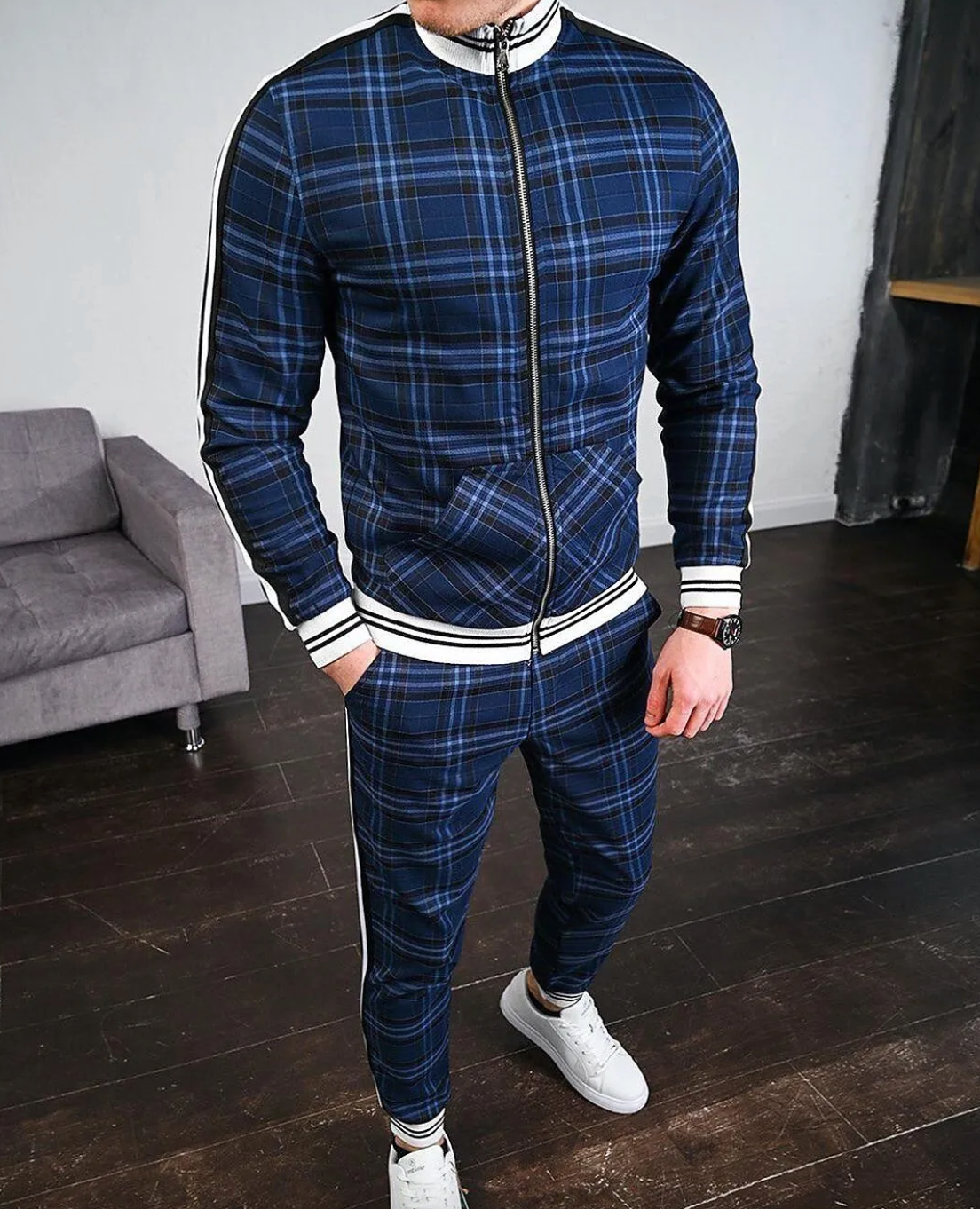 Men's Plaid 2-Piece Tracksuit – Stand Collar Zip Up Side Stripe Jogger Set
