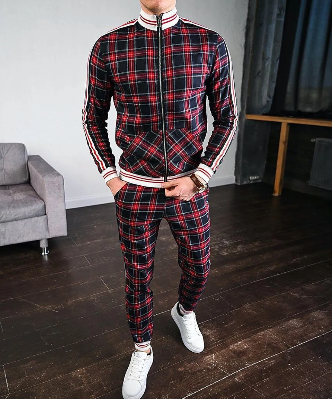 Men's Plaid 2-Piece Tracksuit – Stand Collar Zip Up Side Stripe Jogger Set