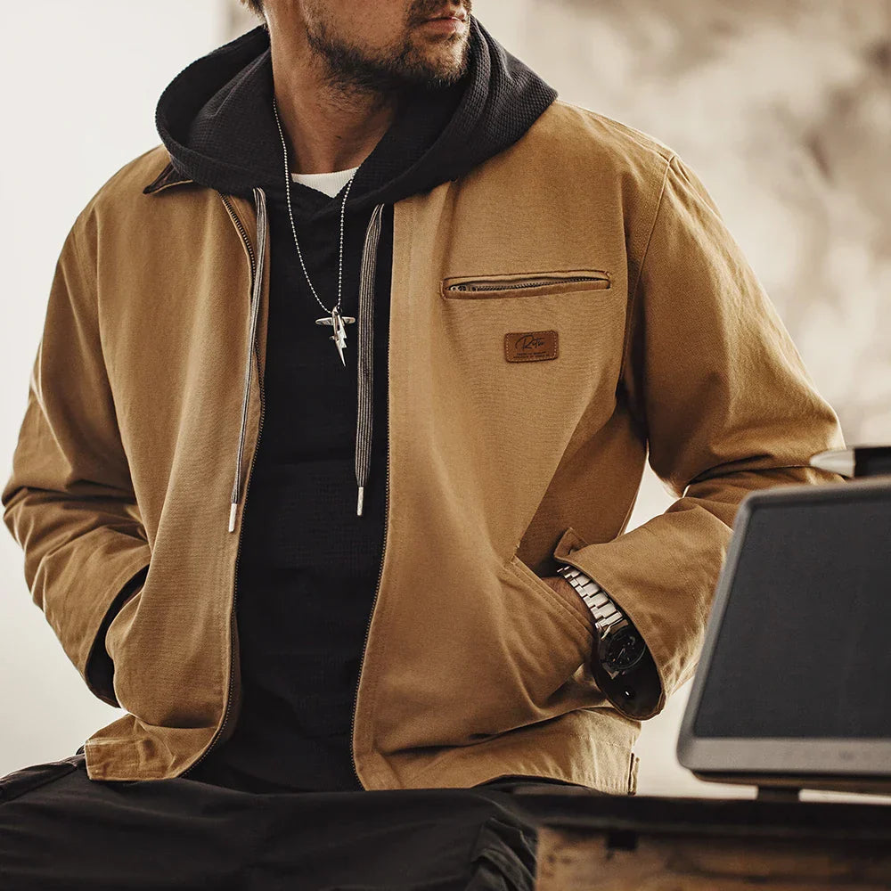 Men's Retro Canvas Jacket – Plaid Lined Corduroy Collar Zip Front Workwear