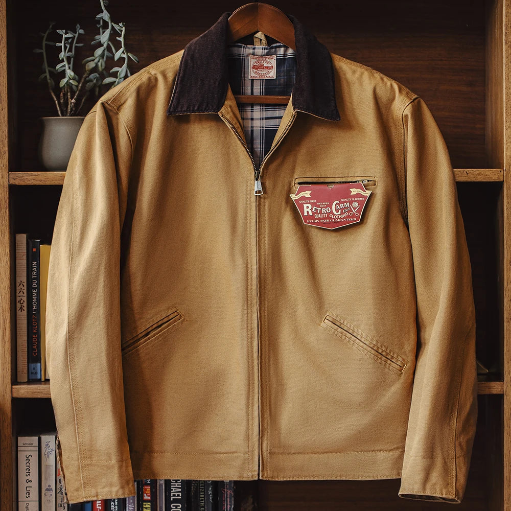 Men's Retro Canvas Jacket – Plaid Lined Corduroy Collar Zip Front Workwear
