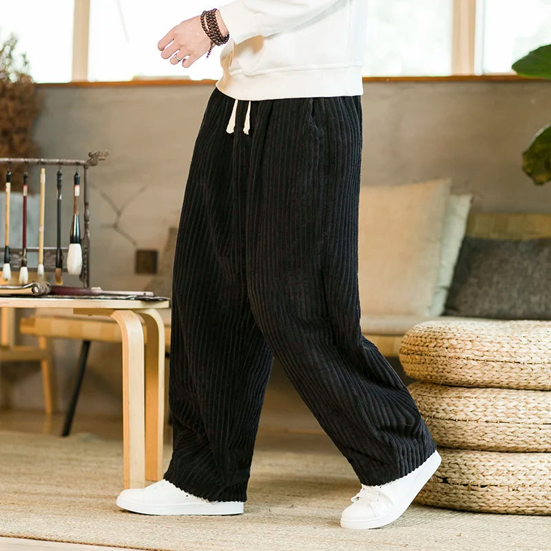 Men's Ribbed Corduroy Lounge Pants – Drawstring Wide Leg Casual Winter