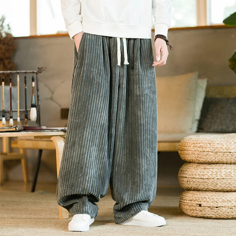 Men's Ribbed Corduroy Lounge Pants – Drawstring Wide Leg Casual Winter