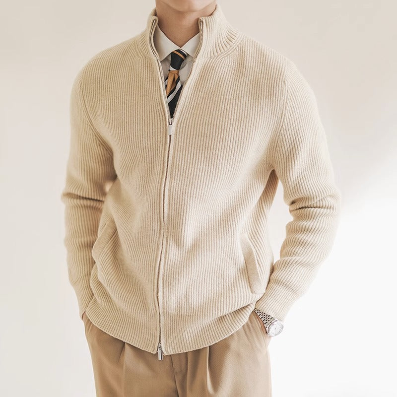 Men's Ribbed Full Zip Stand Collar Knit Cardigan – Long Sleeve Smart Casual Wear