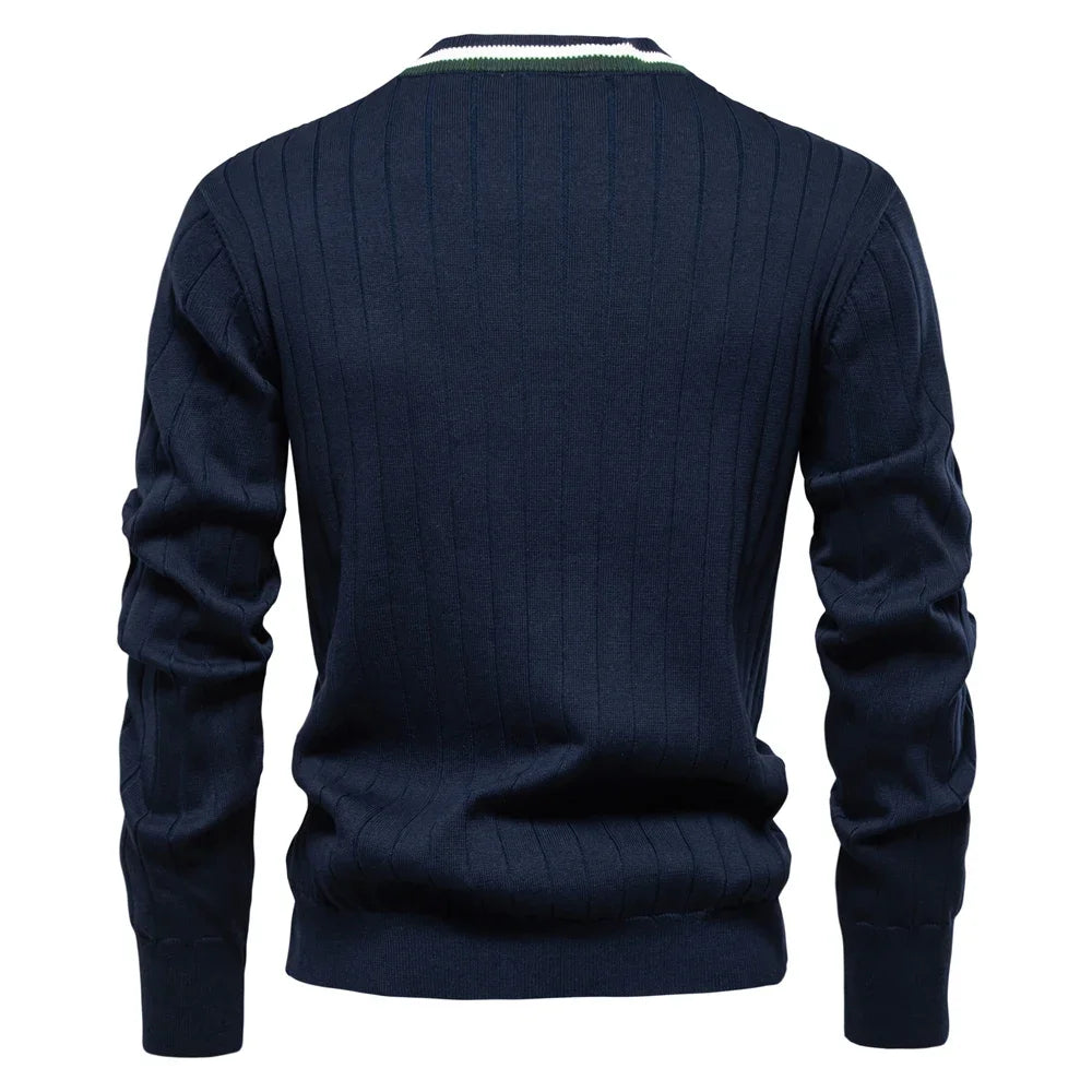Men's Ribbed V Neck Button Cardigan – Contrast Trim Long Sleeve Casual Wear
