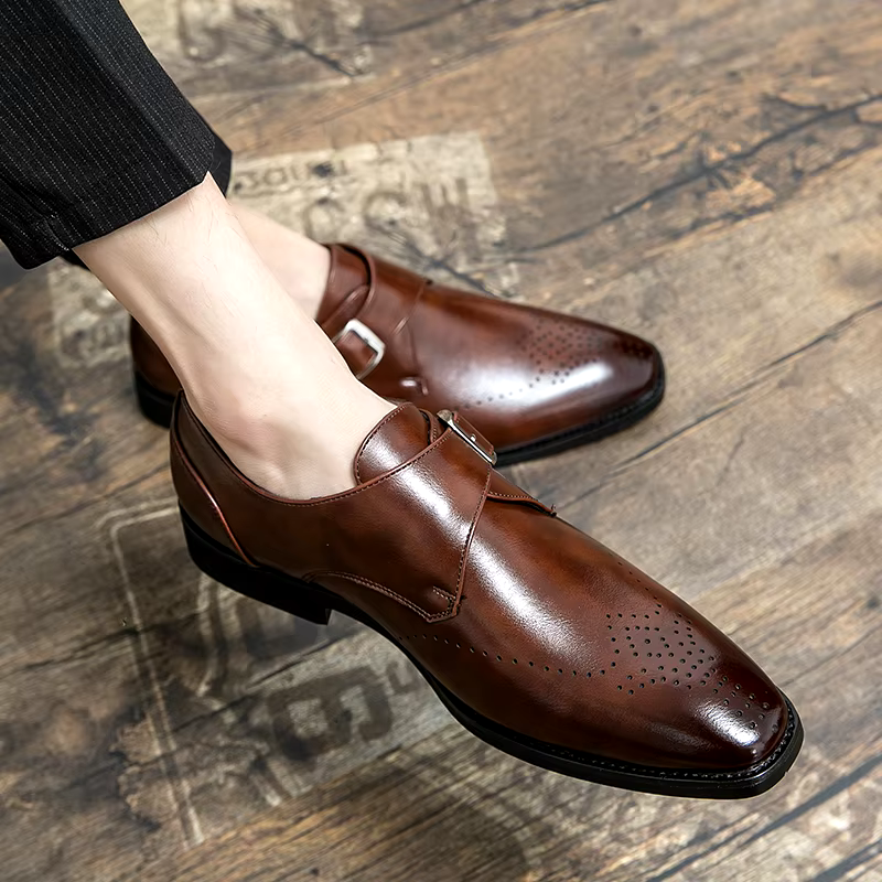 Men's Single Monk Strap Dress Shoes – Perforated Toe Cap Block Heel Formal