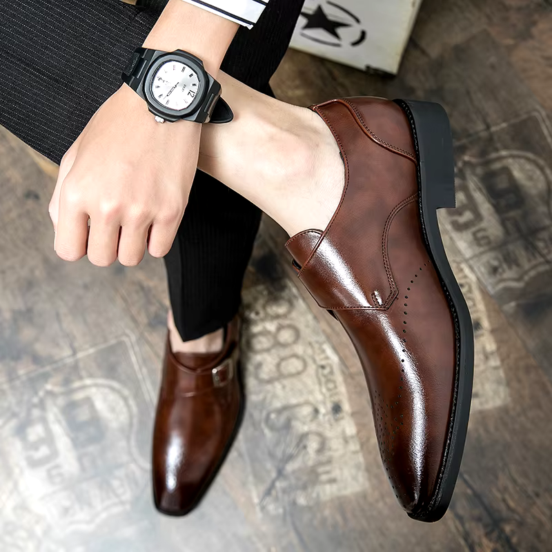 Men's Single Monk Strap Dress Shoes – Perforated Toe Cap Block Heel Formal