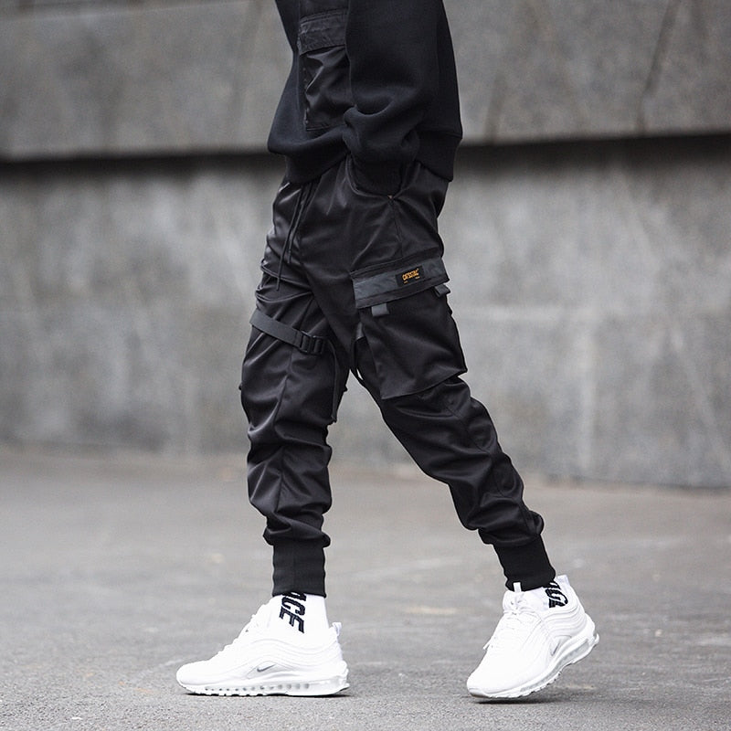 Men's Slim Fit Cargo Jogger Pants – Tapered Leg Strap Detail Ribbed Cuff Street