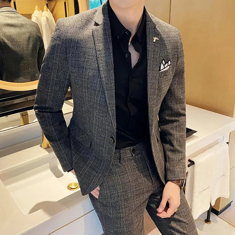 Men's Slim Fit Check Suit – Notch Lapel Single Breasted Two Piece Wedding