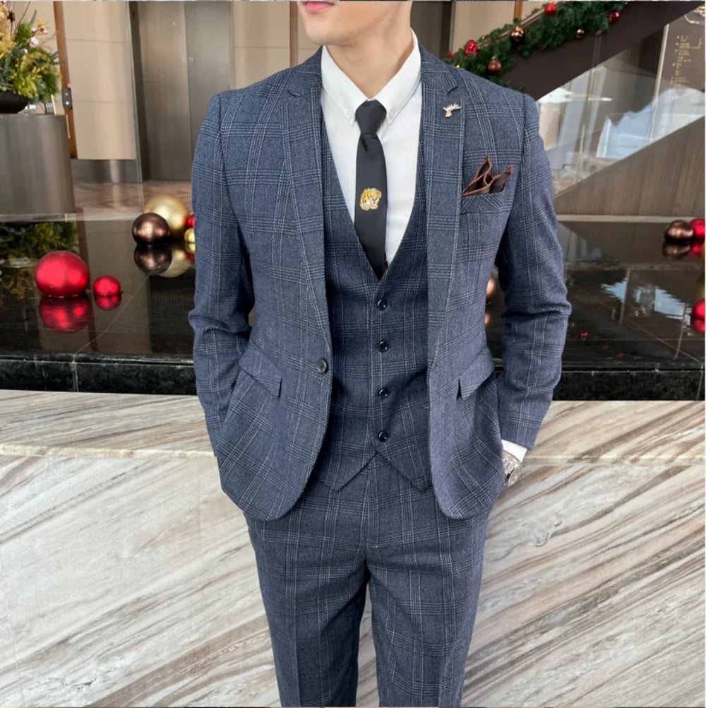 Men's Slim Fit Check Three Piece Suit – Notch Lapel Blazer Waistcoat Wedding