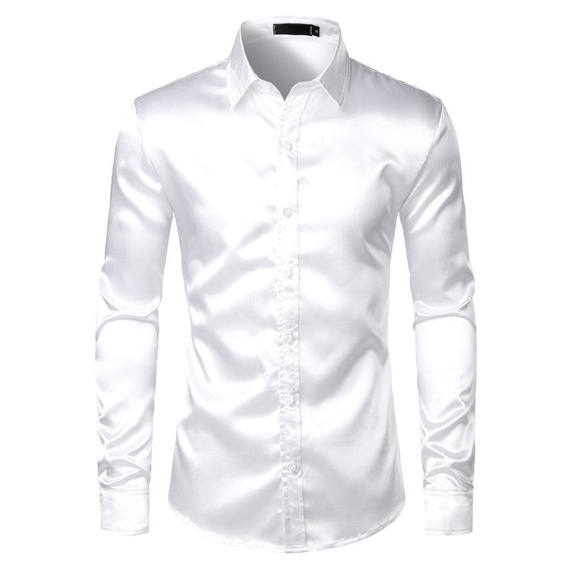 Men's Slim Fit Satin Shirt – Spread Collar Long Sleeve Formal Dress