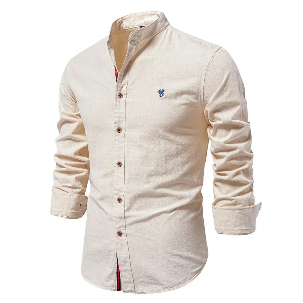 Men's Slim Fit Solid Shirt – Mandarin Collar Long Sleeve Smart Casual