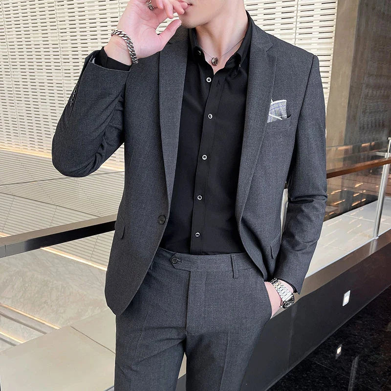 Men's Slim Fit Solid Two-Piece Suit – Notch Lapel Single Breasted Business Formal