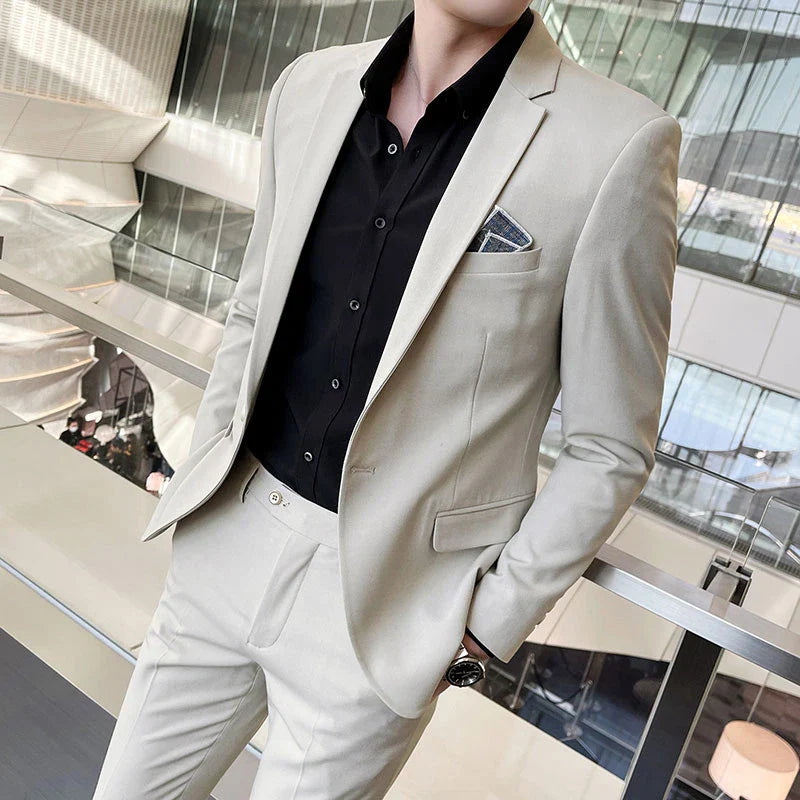 Men's Slim Fit Solid Two-Piece Suit – Notch Lapel Single Breasted Business Formal