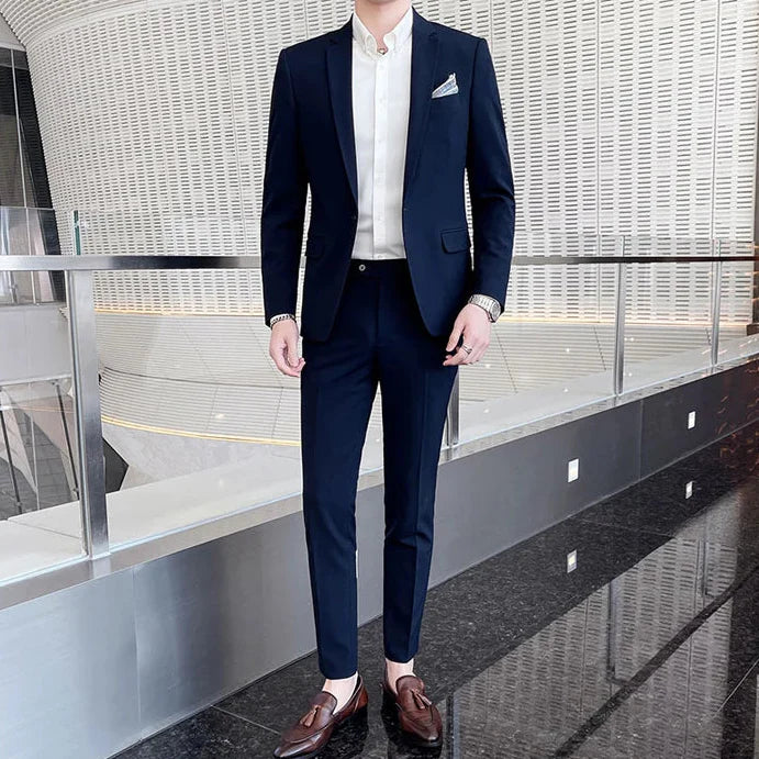 Men's Slim Fit Solid Two-Piece Suit – Notch Lapel Single Breasted Business Formal