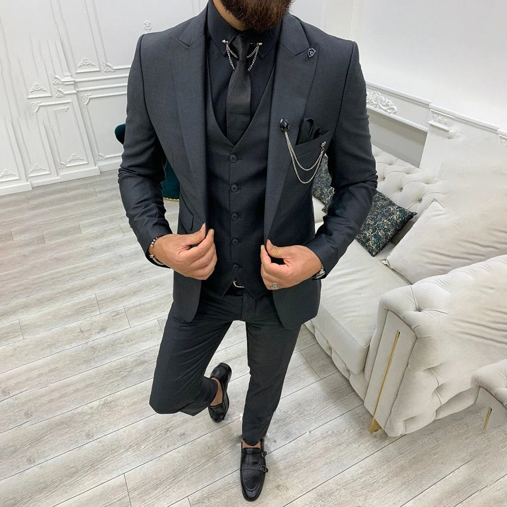 Men's Slim Solid Three Piece Suit Set – Notch Lapel Single Breasted Formal