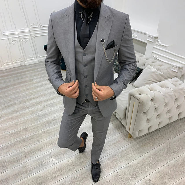 Men's Slim Solid Three Piece Suit Set – Notch Lapel Single Breasted Formal