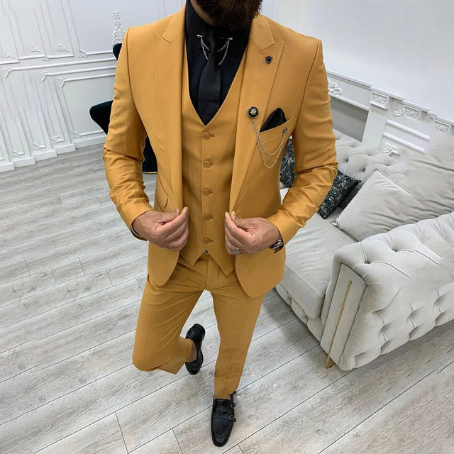 Men's Slim Solid Three Piece Suit Set – Notch Lapel Single Breasted Formal
