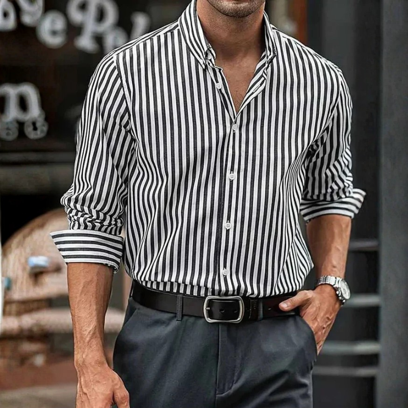 Men's Slim Vertical Stripe Shirt – Spread Collar Long Sleeve Smart Casual