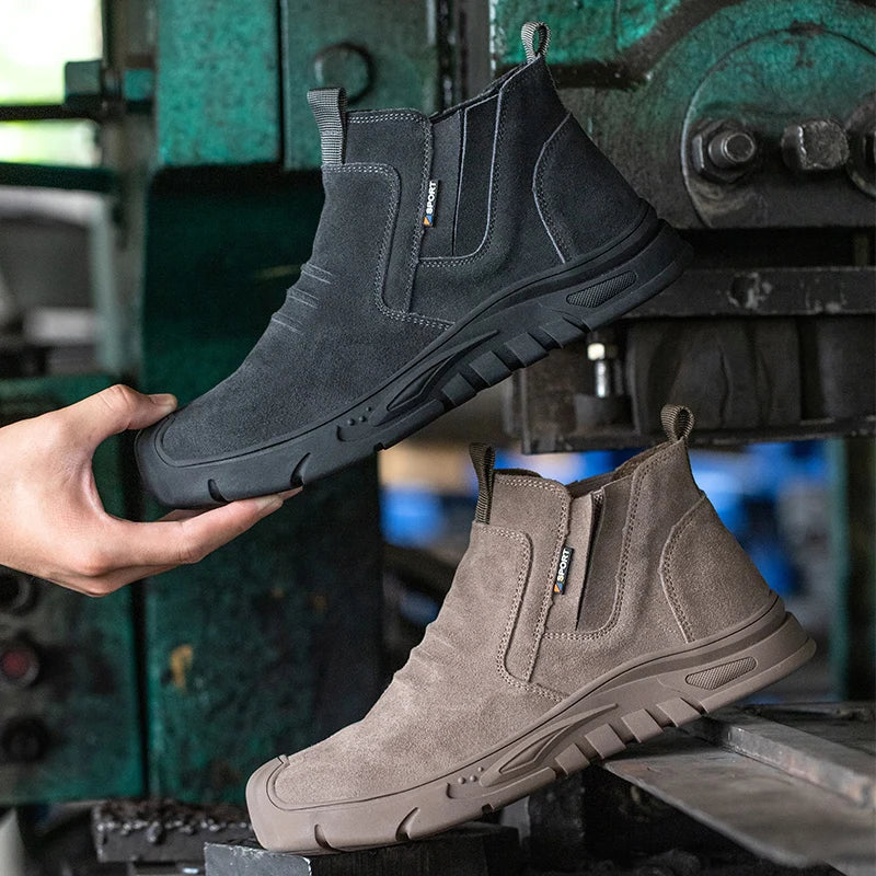 Men's Slip-On Steel Toe Work Boots – Suede Upper Pull Tab Industrial Safety