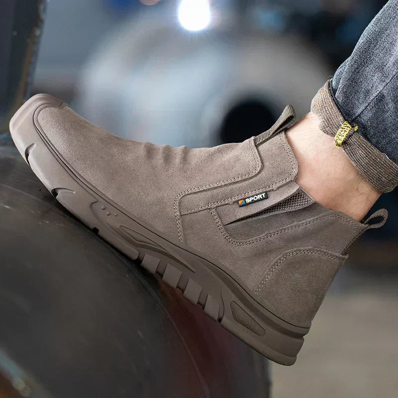 Men's Slip-On Steel Toe Work Boots – Suede Upper Pull Tab Industrial Safety