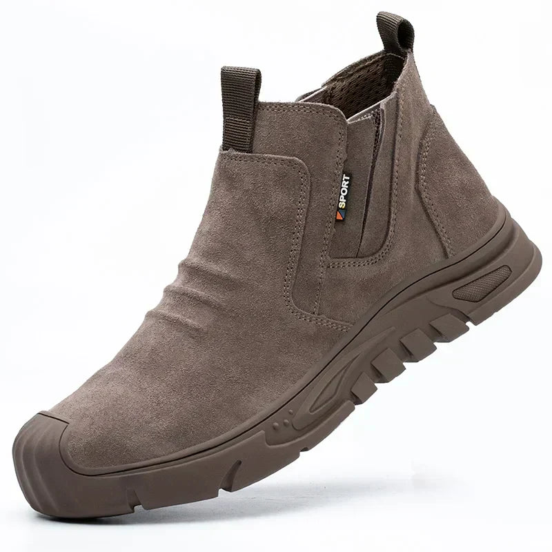 Men's Slip-On Steel Toe Work Boots – Suede Upper Pull Tab Industrial Safety