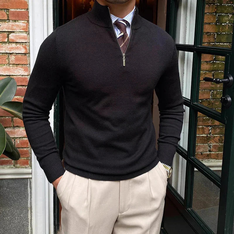 Men's Solid Half Zip Sweater – Stand Collar Long Sleeve Office Casual
