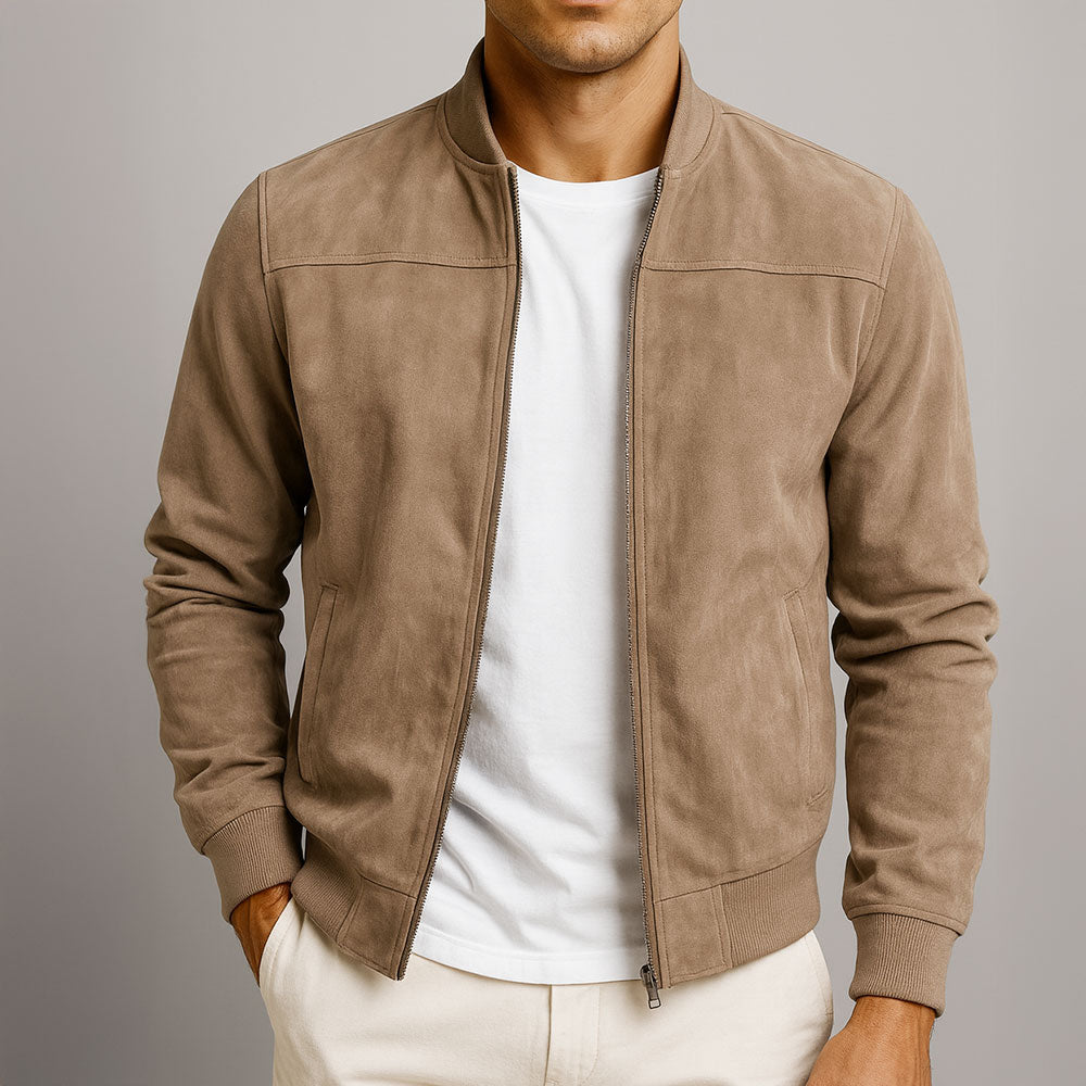 Men's Solid Suede Bomber Jacket – Full Zip Rib Trim Casual Outerwear