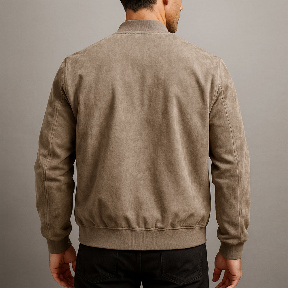Men's Solid Suede Bomber Jacket – Full Zip Rib Trim Casual Outerwear