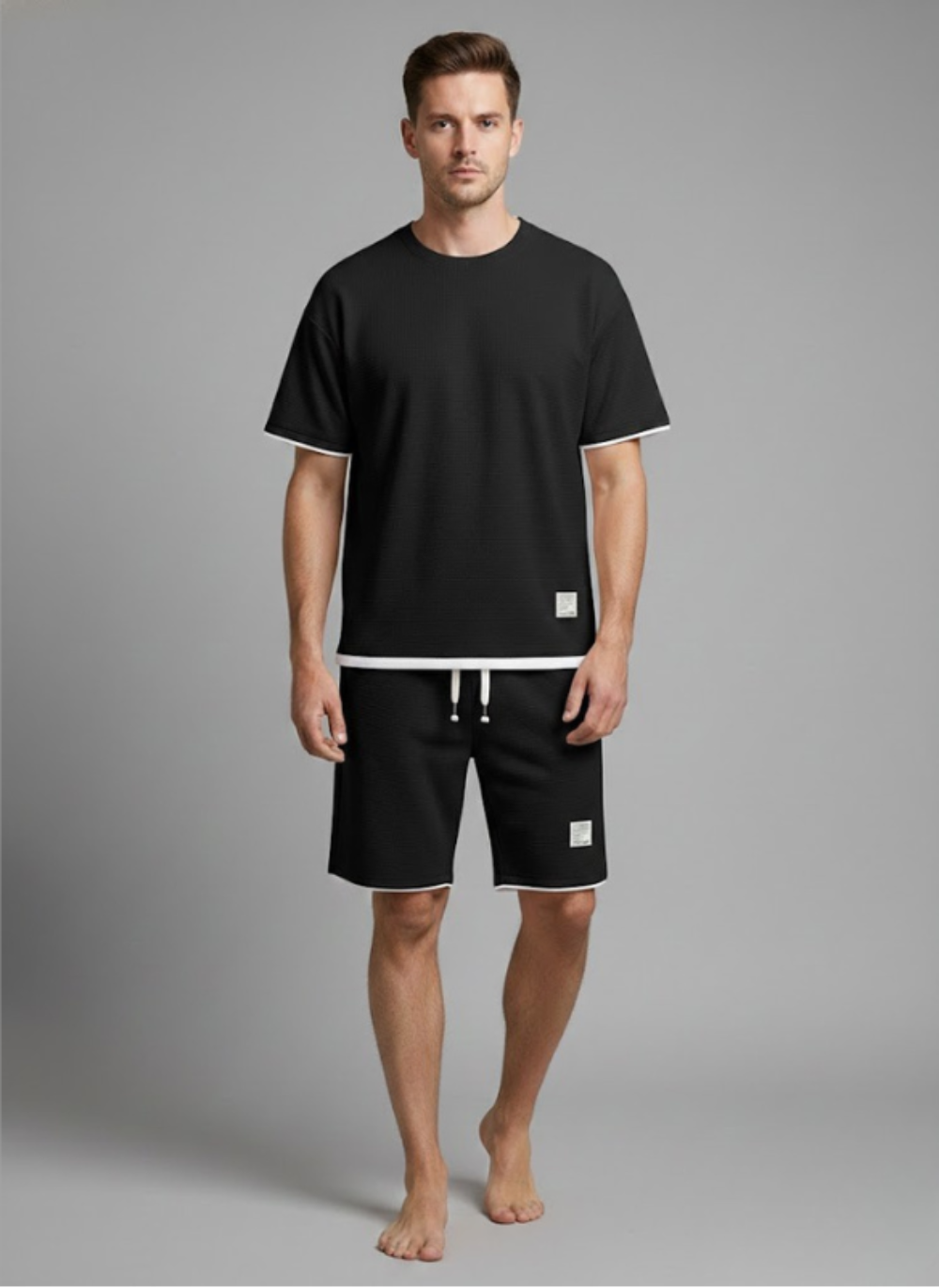 Men's Solid Waffle Knit 2 Piece Set – Crew Neck Tee Drawstring Shorts Casual