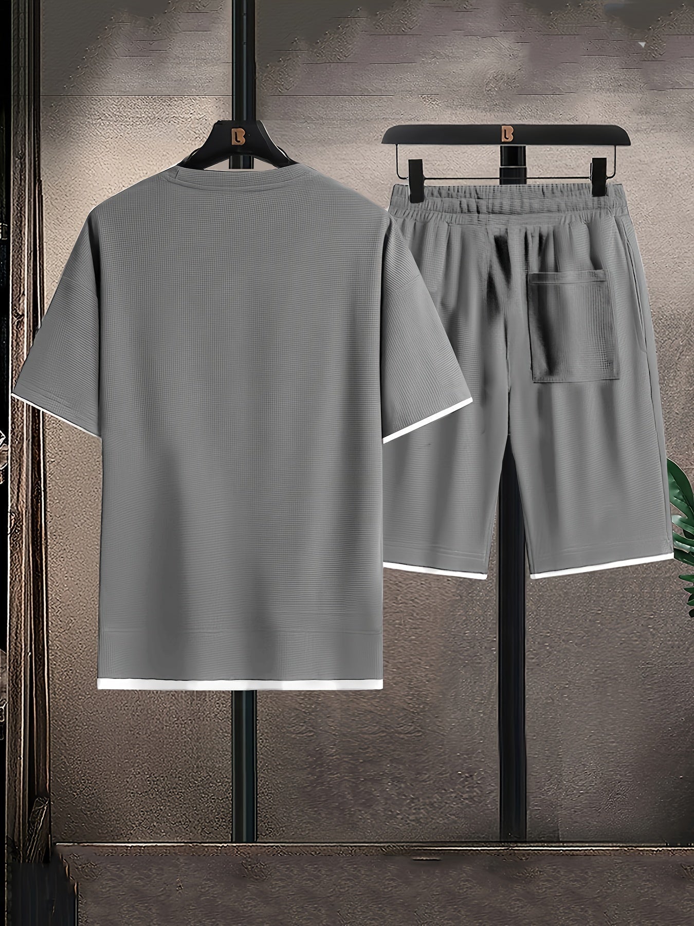 Men's Solid Waffle Knit 2 Piece Set – Crew Neck Tee Drawstring Shorts Casual