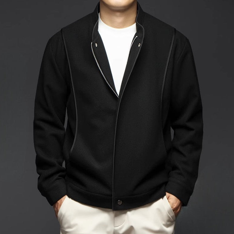 Men's Stand Collar Jacket – Snap Button Front Contrast Piping Smart Casual