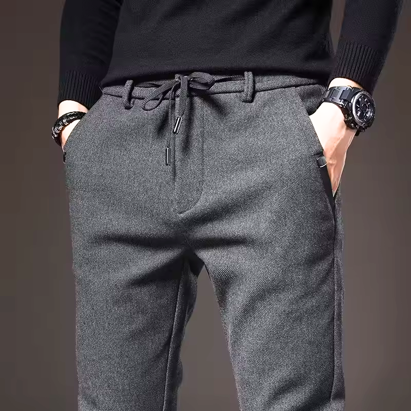 Men's Straight Fit Pants – Drawstring Waist Side Pockets Smart Casual