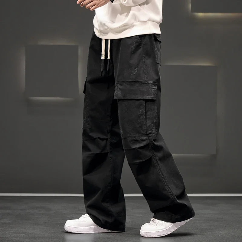 Men's Straight Leg Cargo Pants – Multi Pocket Drawstring Waist Street Outdoor