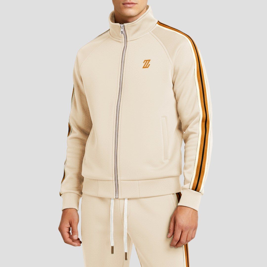 Men's Stripe 2-Piece Tracksuit – Stand Collar Zip Up Side Tape Jogger Set