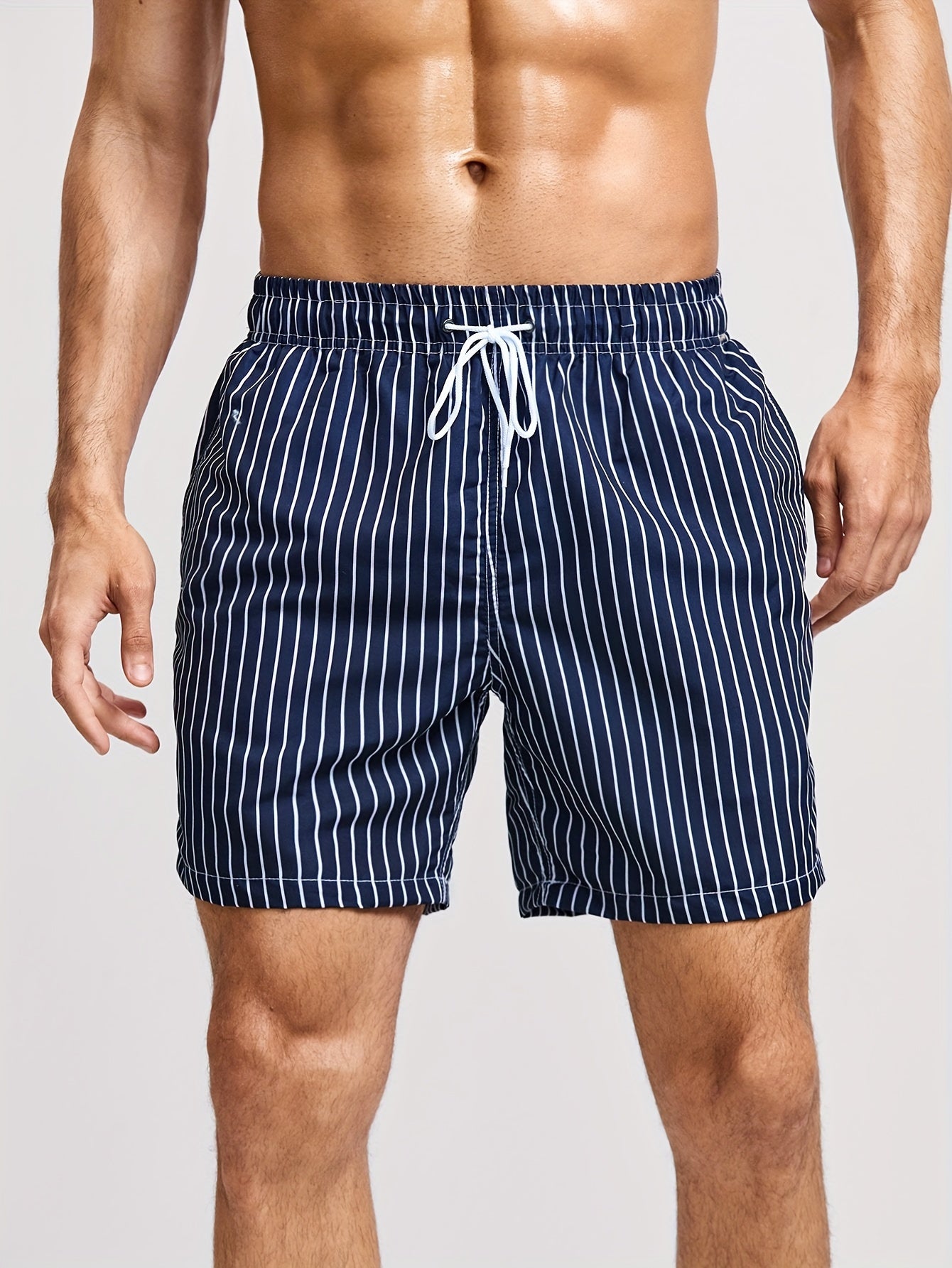 Men's Stripe Swimming Trunks – Drawstring Gathered Waist Side Pocket Beach