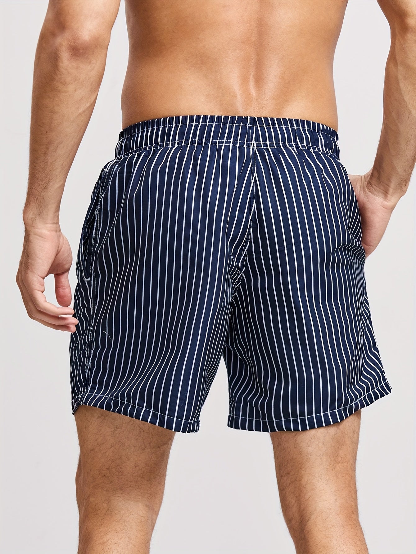 Men's Stripe Swimming Trunks – Drawstring Gathered Waist Side Pocket Beach