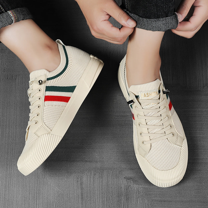 Men's Striped Knit Low Top Sneakers – Lace Up Round Toe Casual Street Shoes