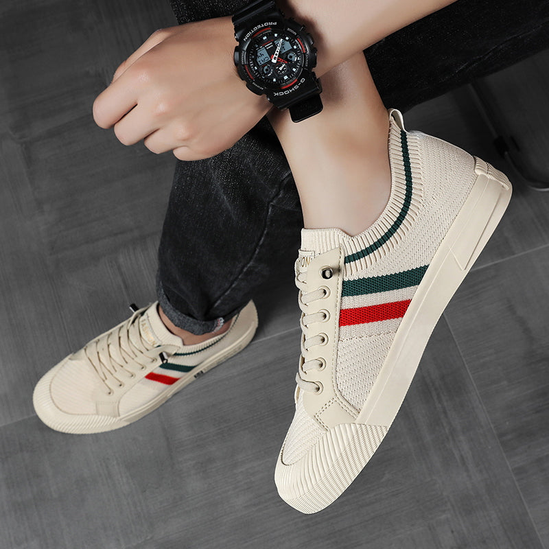Men's Striped Knit Low Top Sneakers – Lace Up Round Toe Casual Street Shoes
