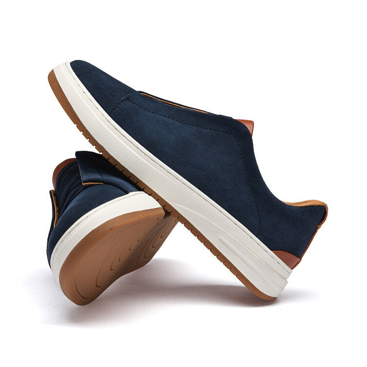 Men's Suede Sneakers – Elastic Cross Strap Low Top Contrast Heel Casual Shoes