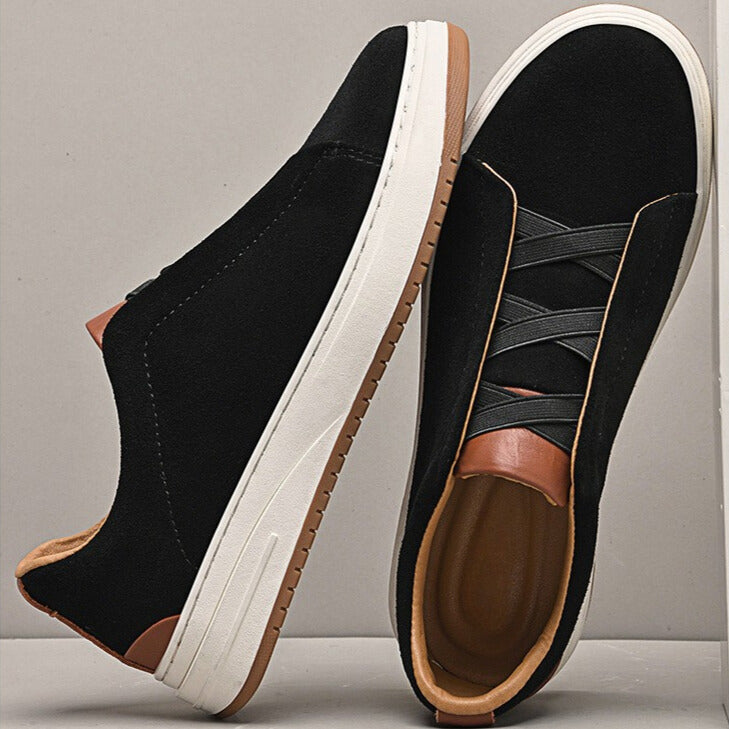 Men's Suede Sneakers – Elastic Cross Strap Low Top Contrast Heel Casual Shoes
