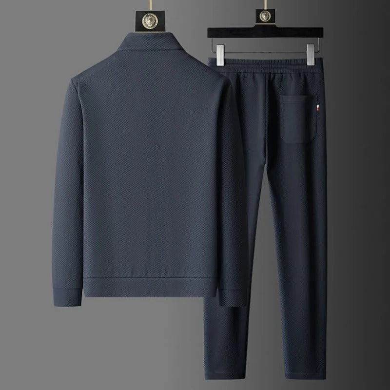 Men's Textured 2-Piece Tracksuit – Stand Collar Zip Up Drawstring Jogger Set
