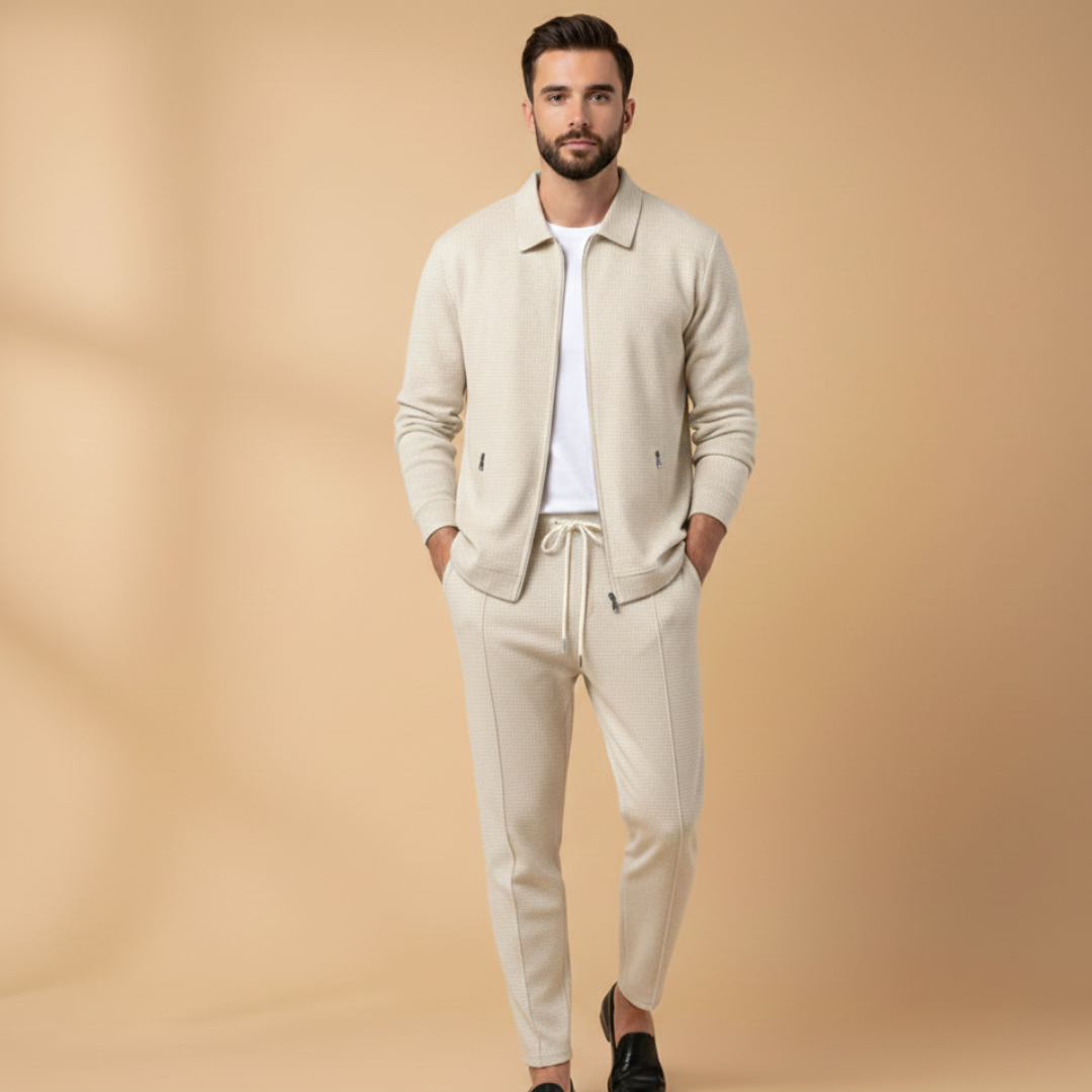 Men's Textured 2-Piece Tracksuit – Zip Up Jacket Drawstring Jogger Casual