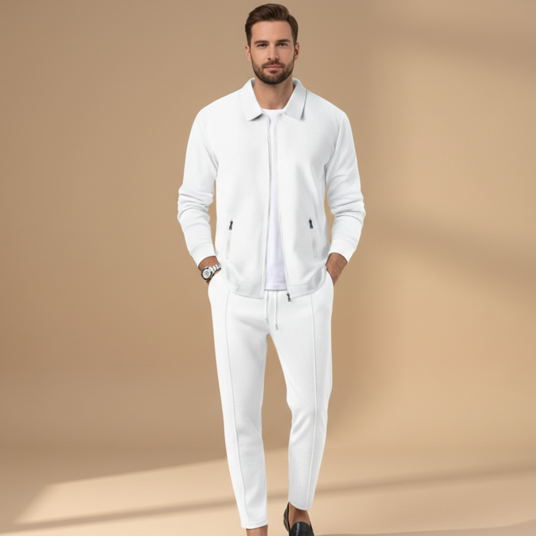 Men's Textured 2-Piece Tracksuit – Zip Up Jacket Drawstring Jogger Casual