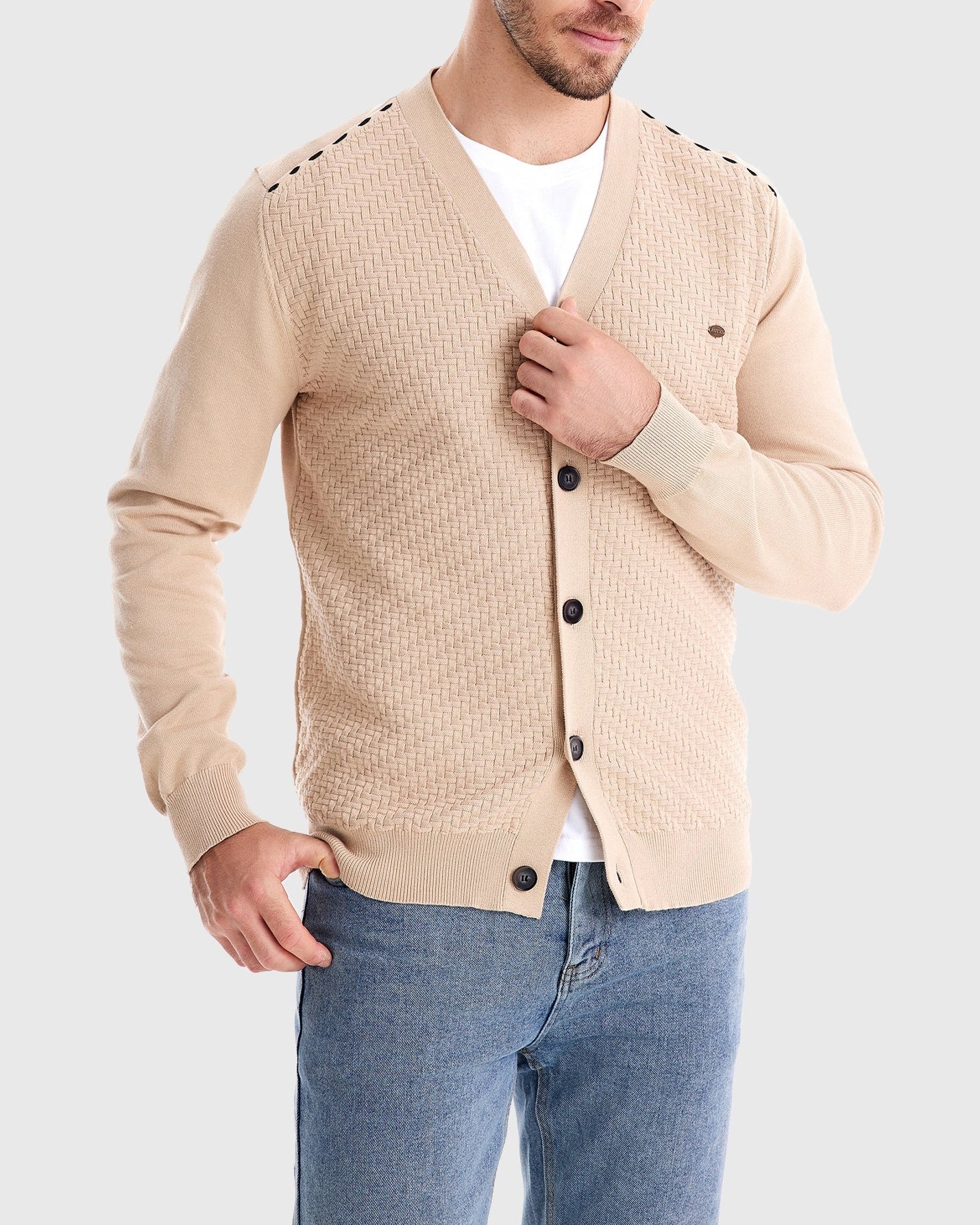 Men's Textured V Neck Button Cardigan – Long Sleeve Smart Casual Everyday Wear